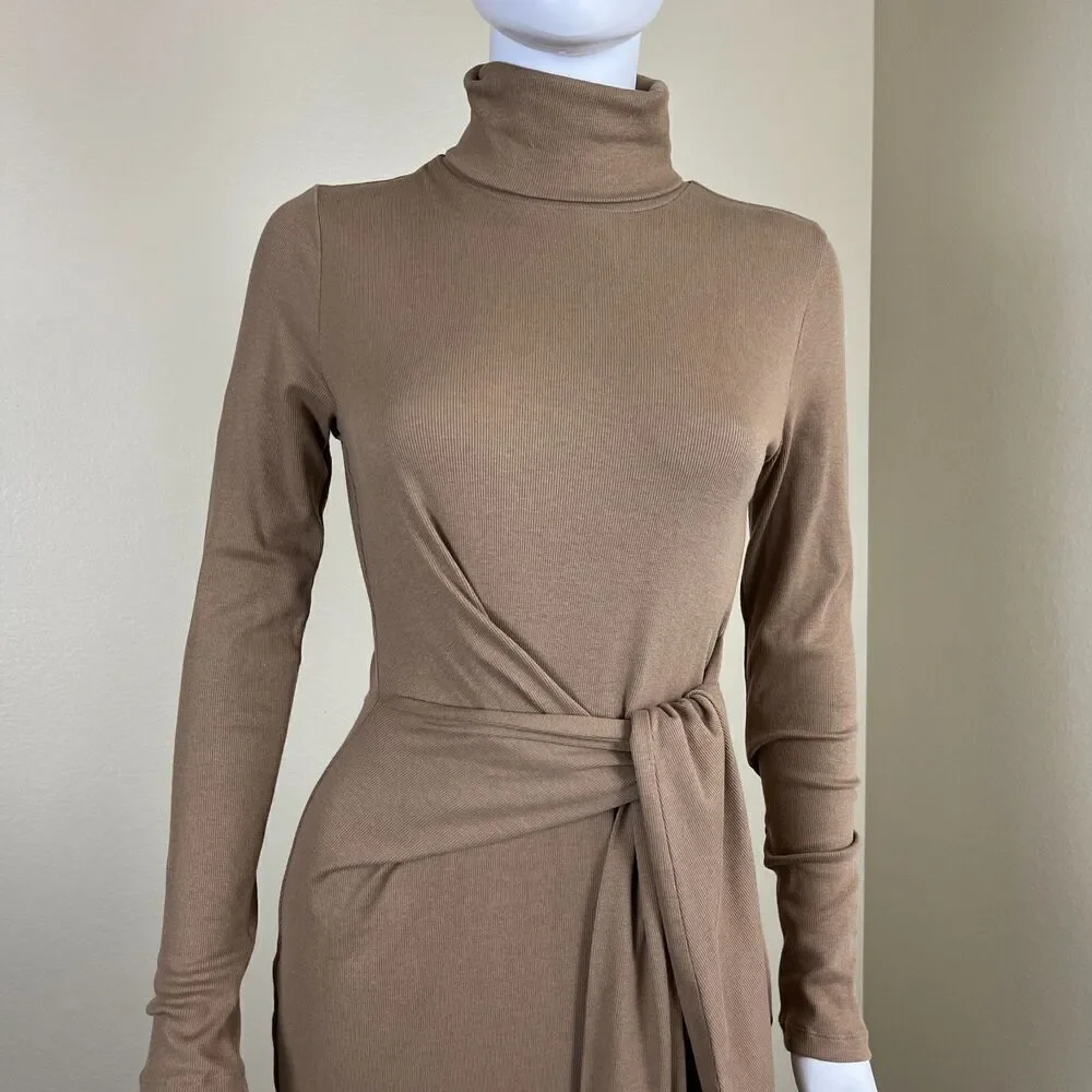 Ralph Lauren Womens Size M Camel Tie Front Turtleneck Sweater Bodycon Midi Dress